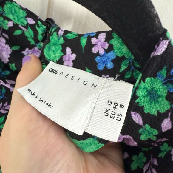 ASOS Design Women’s 8 Black Purple Floral Ruffle Tiered Dress New - Picture 3 of 7